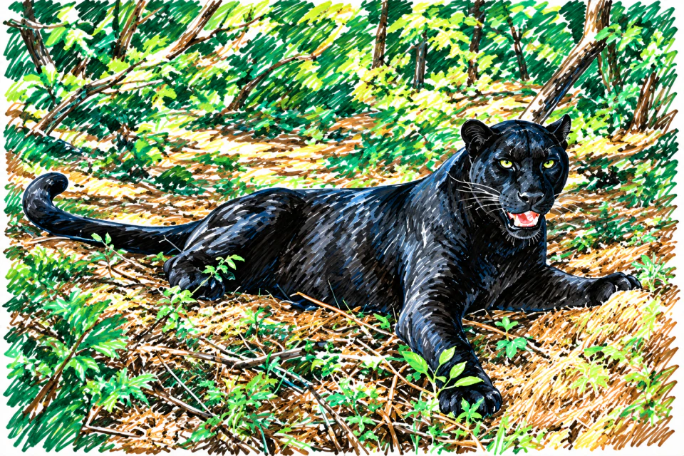 Dry erase artwork of a black panther resting on a woodland floor.