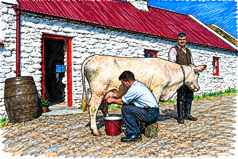 Dry erase artwork of a person milking a cow outside a white stone barn with a red roof.