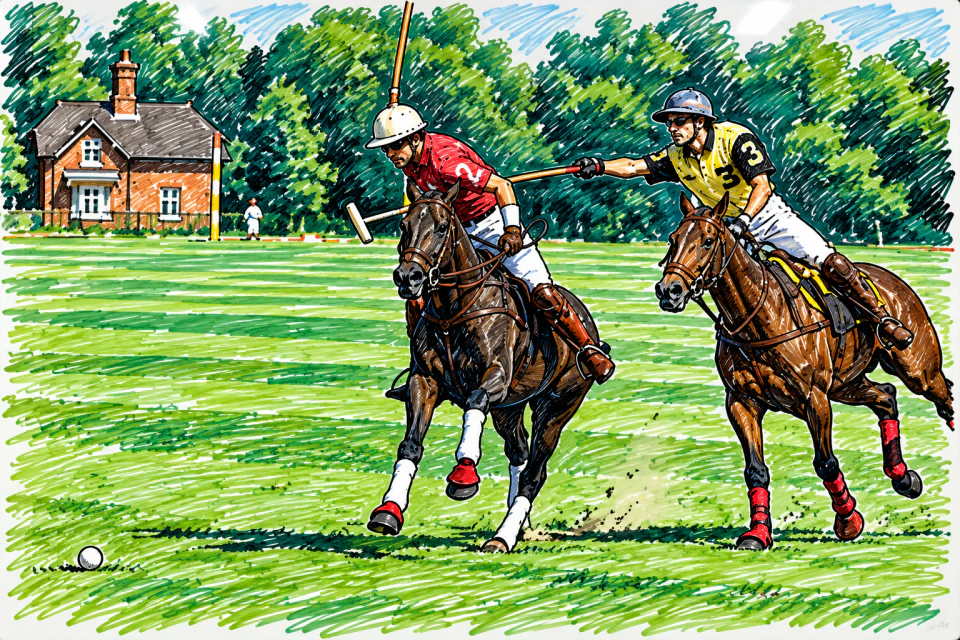 Dry erase artwork of two polo players on horseback on a green field.