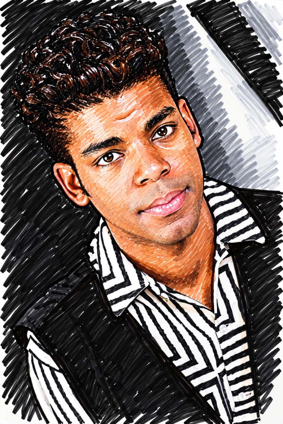 Dry erase artwork of a young man with curly hair wearing a black and white patterned jacket.