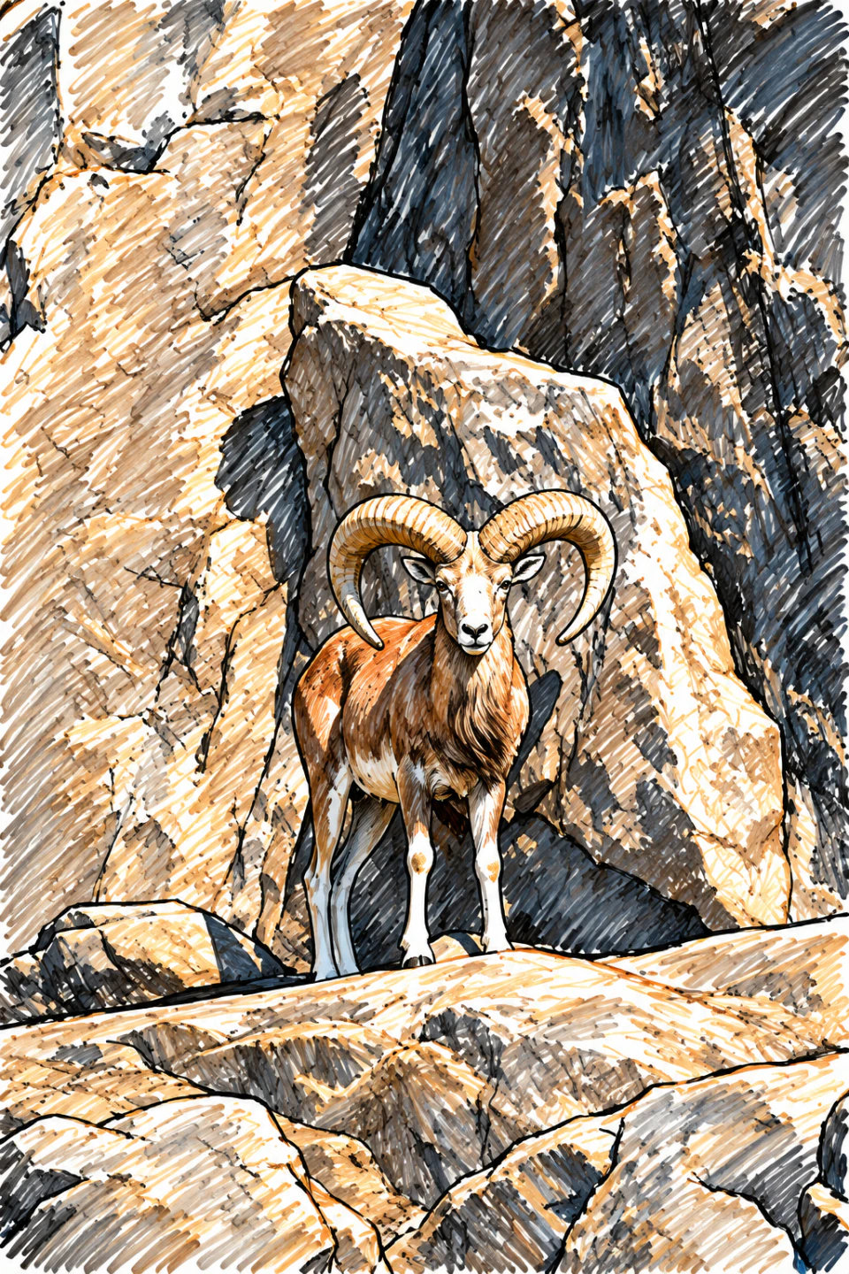 Dry erase artwork of a ram with curved horns standing among rocks.