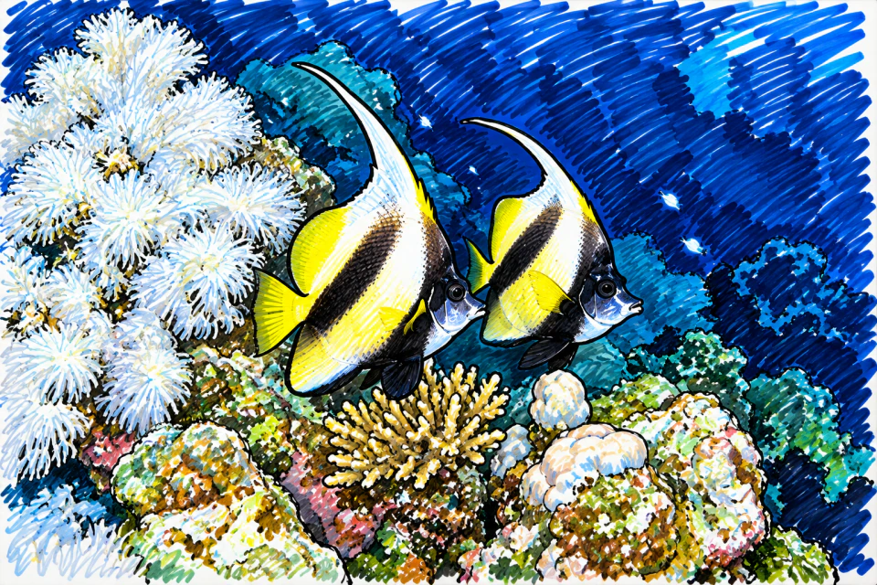 Dry erase artwork of two yellow, black, and white reef fish among coral in deep blue water.