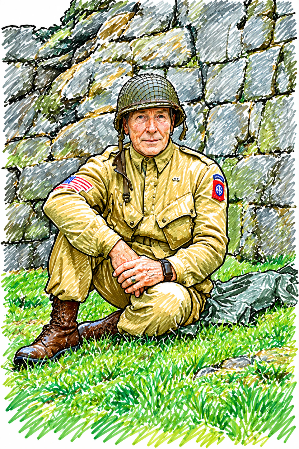 Dry erase artwork of a soldier in a tan uniform and helmet sitting beside a stone wall.