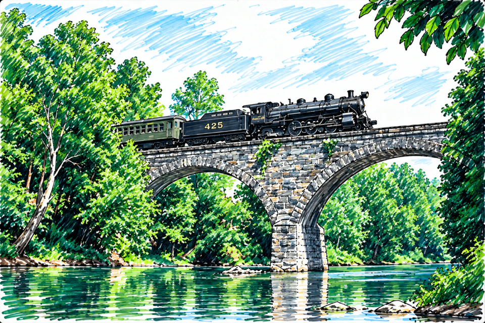 Dry erase artwork of a black steam train crossing a stone arch bridge above a river and green trees.