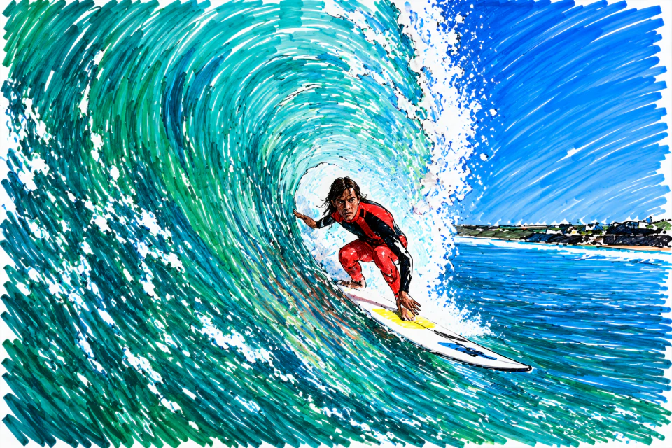 Dry erase artwork of a surfer riding inside a turquoise wave.