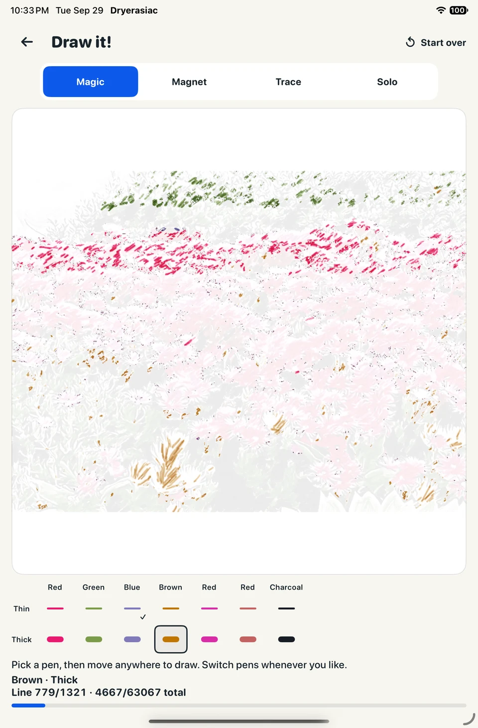 The drawing board in Magic mode, with flower artwork gradually colored in and a choice of marker colors and thicknesses.