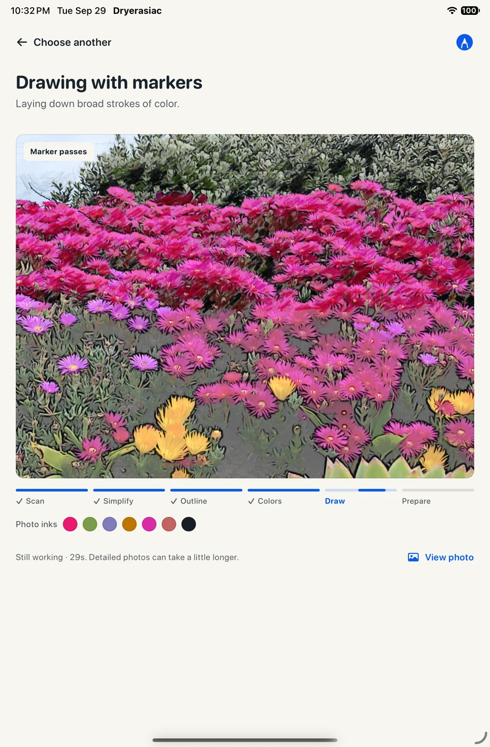 A flower photo becoming marker art in Dryerasiac, with processing stages and a palette of inks chosen from the photo.